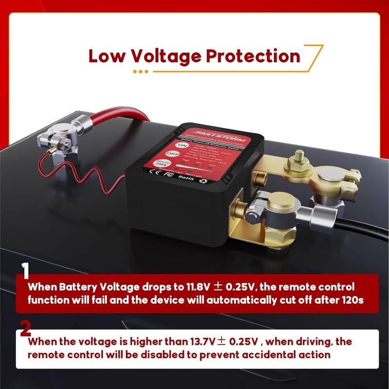 FASTSTORM 12V 24V 250A Black Remote Battery Disconnect Switch Remote Kill Switch for Car, Truck, RV, ATV, Boat, Anti-Theft, Automatic Power Shut Off with Wireless Remote Control - Image 5